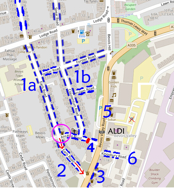 Map of streets round "The Guide Dog", showing parking areas